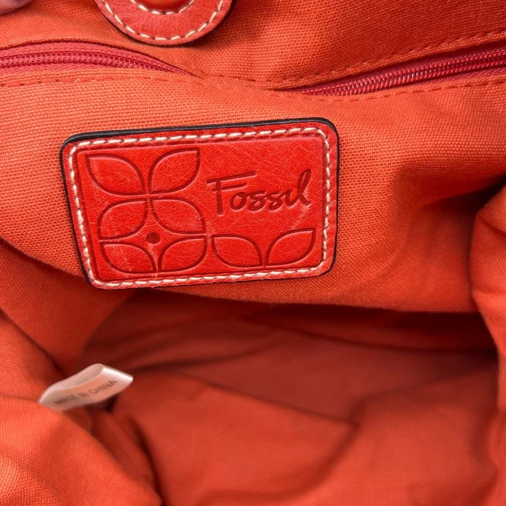 Womens Retro Floral Canvas Satchel Multicolor‎ Red Leather Trim Fossil Key-Per